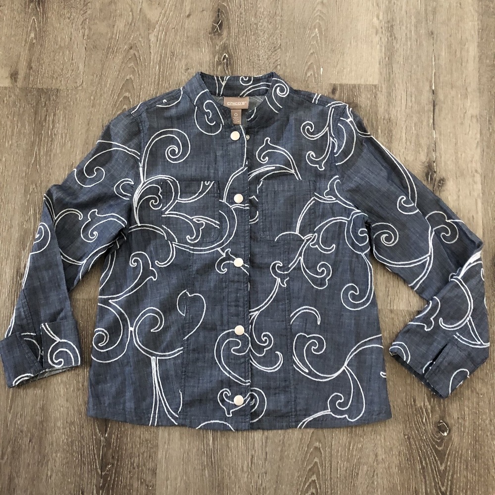 Chico's Sz 0 US S Blue Cotton Embroidered Long Sleeve Snap Up Shirt